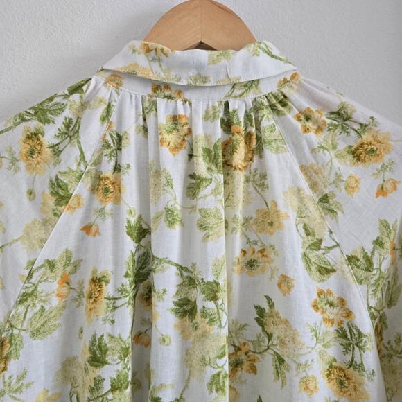 Laura Ashley Linen Blend Yellow Floral Raglan Button Up Shirt Size L Cottagecore - Picture 5 of 9